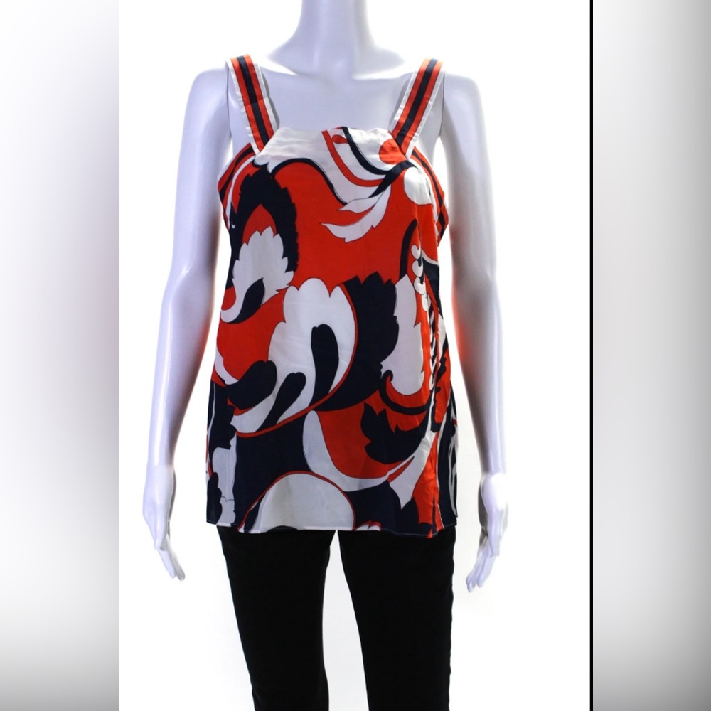 Trina Turk Womens Blue Orange Printed Square Neck Sleeveless Silk Blouse Top, L